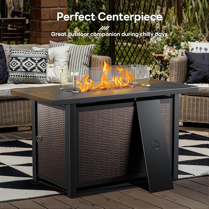 Luxury High Back Outdoor Furniture with 6-inch Extra Thick Cushions, Patio Furniture Set with Fire Pit Table & Swivel Chairs, 7 PCS Wicker Conversation Set for Patio, Yard, Deck, Poolside, Brown/Grey