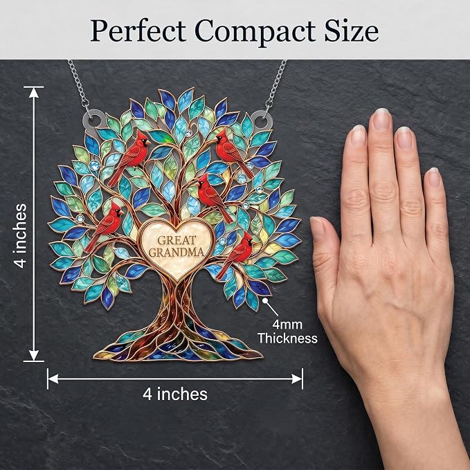 Grandma Gifts, Gifts for Grandma, Grandma Birthday Gifts, Tree of Love 4 inch Suncatcher for Great Grandma, Cardinal Bird Family Tree Window Hanging Decor with Keepsake Message Card