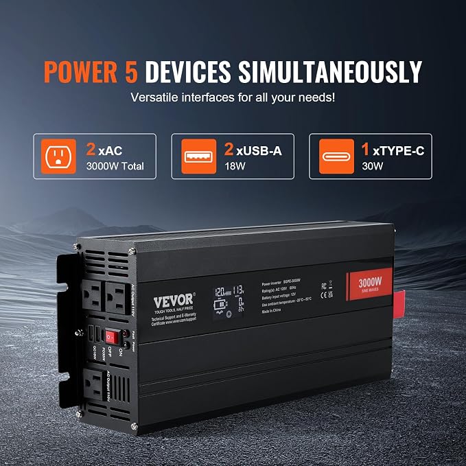 VEVOR 3000W Pure Sine Wave Inverter, DC 12V to AC 120V Power Inverter for Truck RV Off-Grid, Car Inverters with 4 AC, 2 USB, Type-C Port, LCD Display and Remote Controller for Large Home Appliances