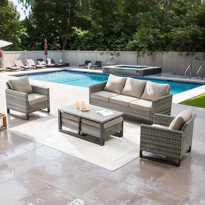 Luxury Wicker Outdoor Couch Patio Sofa - 3 Seater Rattan Outdoor Patio Couch Water Resistant,Comfortable Cushions and Sturdy Metal Frame for Outside Porch Deck Backyard Garden(Mixed Grey/Grey)