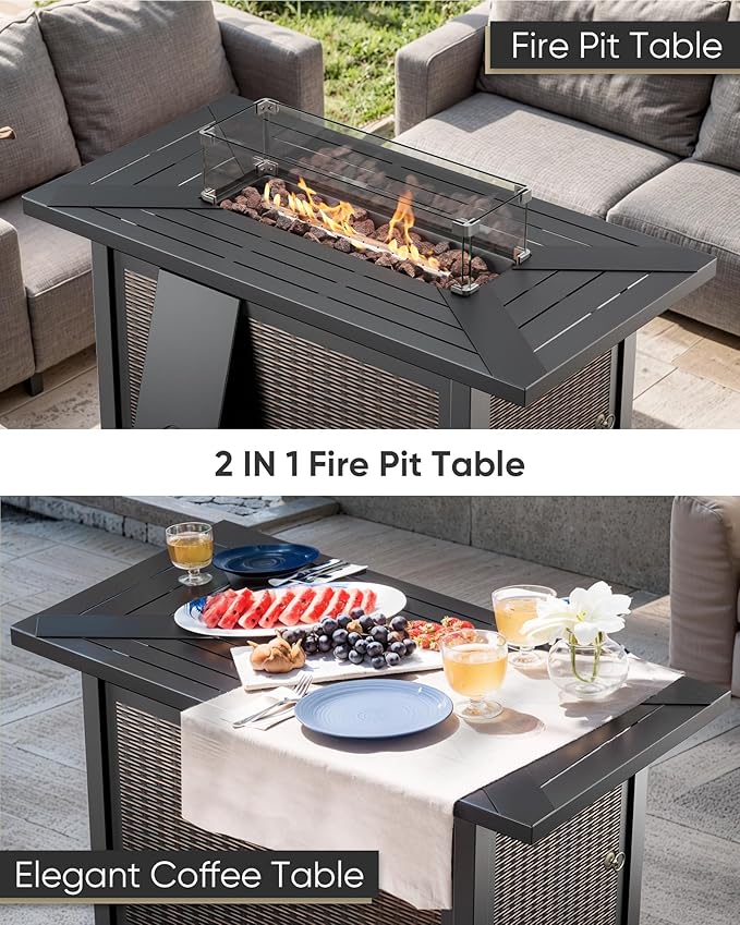 HUMMUH 6 Pieces Patio Furniture Set with Fire Pit High Back Outdoor Furniture Set 6-inch Cushions Wicker Patio Swivel Rocker Chairs for Balcony Garden,Lawn,Deck
