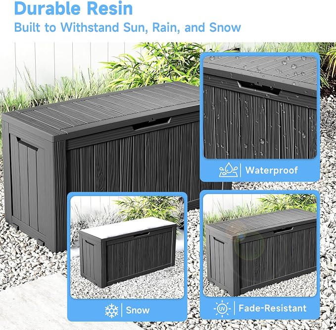 Pepe Tee Waterproof Resin Deck Box, Outdoor Storage Bin for Patio Furniture Cushions, All-Weather Garden Organizer & Seating Bench, Black