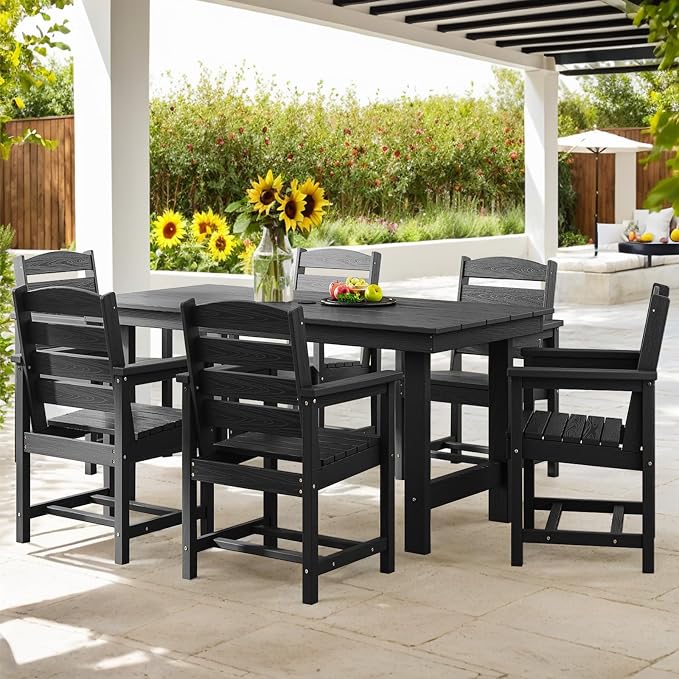 TenKa 7 Piece HDPE Patio Furniture Set for 6, Dining Table and Chairs, Outdoor Table with Umbrella Hole, Outdoor Dining Set for Garden, Backyard, Lawn, and Poolside