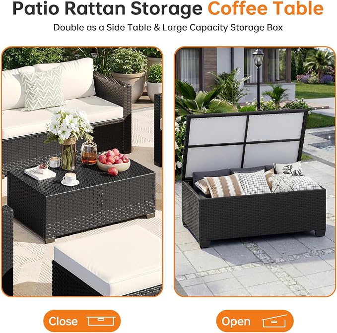 LazySunsets 6-Piece Outdoor Patio Furniture Set, Rattan Outdoor Sectional with Thick Waterproof Cushions, Wicker Ottomans & Waterproof Cover, Patio Conversation Set for Garden, Backyard, Beige