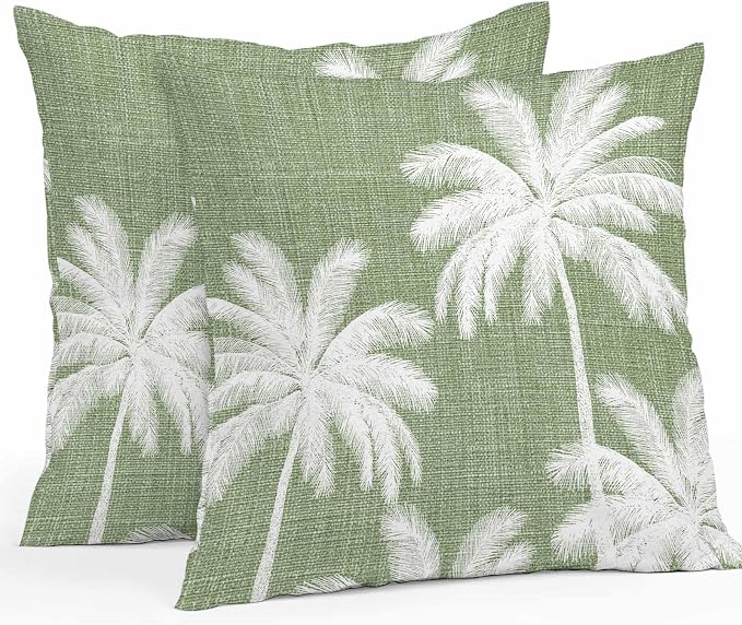 Outdoor Pillow Covers 26x26 Inch Set of 2, Dark Sage Green Palm Trees Waterproof Throw Pillow Covers, Tropical Summer Beach Decorative Cushion Pillowcases for Couch, Sofa, Bed, Garden, Patio