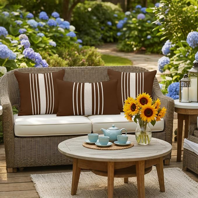 Brown Beige Striped Outdoor Pillow Covers 26x26 Inch Throw Pillow Covers Set of 2 Waterproof Decorative Pillow Cases Modern Farmhouse Retro Lines Cushion Covers for Patio Furniture Garden Couch Sofa