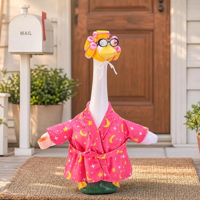 DECOHS 4 Pcs Bathrobe Porch Goose Outfit, Lawn Goose Statue Costume with Star and Moon Print, Yard Goose Bathrobe Curlers Glasses Cup Outfit for 23" Statue Patio Garden Decoration (Pink)