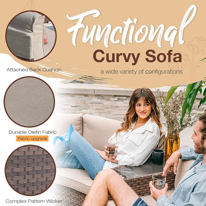SUNSITT 8 Piece Patio Furniture Set with Propane Fire Pit Halfmoon Outdoor Round Sectional Sofa with 36" Bronze Gas Fire Table & Tank Holder, Brown Rattan