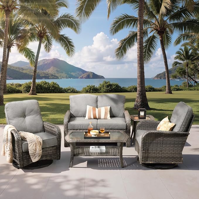 5-Piece Outdoor Patio Furniture Set with Swivel Chairs, Outdoor Conversation Wicker Sofa with Coffee Table, Rattan Couch for Deck Yard Poolside, Dark Grey