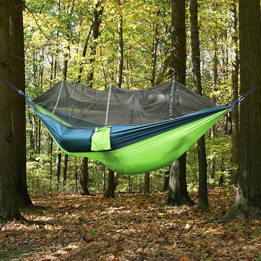 ELEOPTION Camping Hammock with Mosquito net Portable Outdoor Bed Robust Hammock from Parachute Silk max. Load Capacity 200kg Perfect for Home Garden Forests Travel Hiking etc (Green)