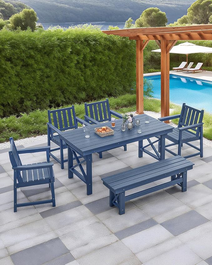 Outdoor Patio Dining Set for 6, HDPE Dining Furniture Set with Umbrella Hole Cut-Out Table and 4 Chairs and 1 Bench, All Weather Outdoor Dining Bench Sets for Garden, Deck, Navy Blue