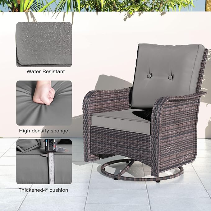 Kullavik Outdoor Swivel Chairs Set of 2,Patio Wicker Rocker Chairs with 4" Thick Cushions and Side Table,Patio Conversation Furniture Set for Patio Porch Deck Backyard,Grey