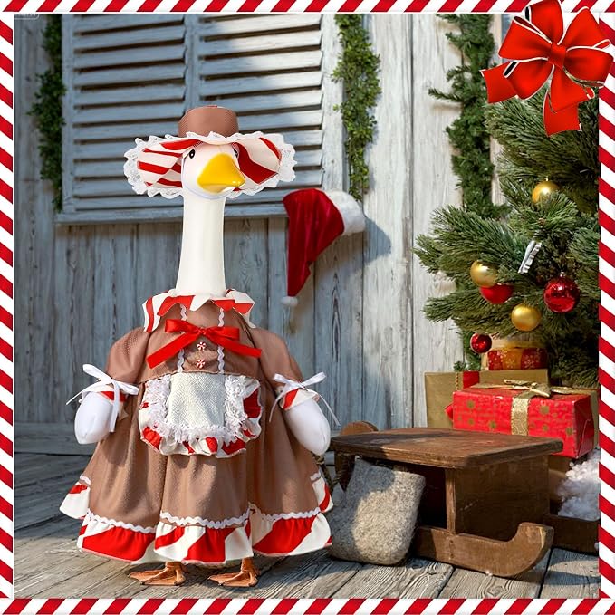Christmas Porch Goose Outfit 23 Inch Red White Candy Goose Clothes for Cement or Plastic Geese Costume for Yard Lawn Garden Patio Outdoor Concrete Santa Duck Statue Dresses Gingerbread Holiday Decor