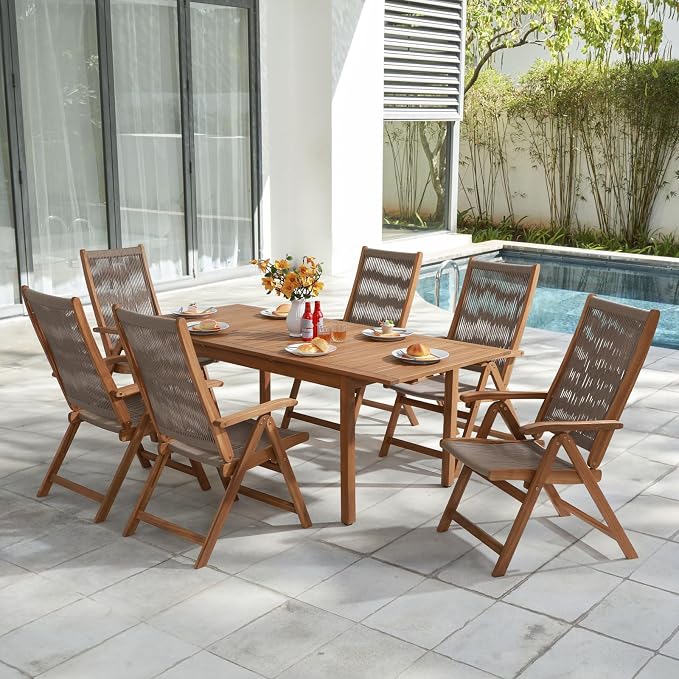 OC Orange-Casual 7 Pieces Patio Dining Set Outdoor Furniture with 6 Foldable Acacia Wooden and Rope Chairs and Large Table for Outdoor,Yard, Garden, Porch，Beige