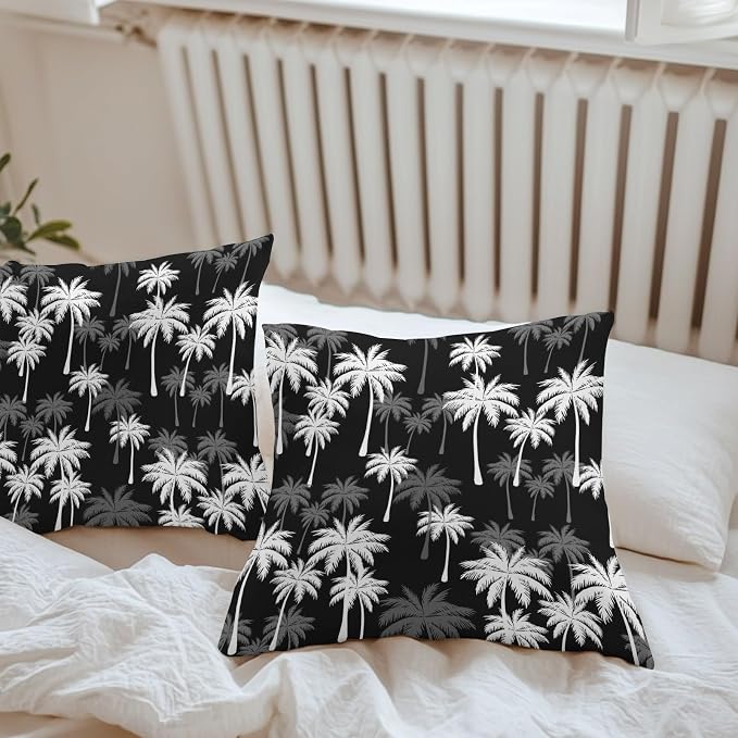 Throw Pillow Covers 16x16 Inch Set of 2, Tropical Palm Tree Waterproof Outdoor Pillow Covers, Black White Plants Coastal Leaf Beach Decorative Cushion Pillowcases for Couch, Sofa, Bed, Garden, Patio