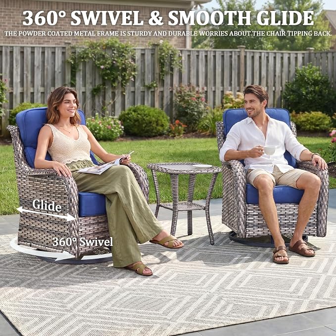Luxury Swivel Rocker Chairs Fire Pit Set with 6" Thick Cushion 10 piece Wicker Outdoor Patio Chair with Sofa and Ottoman,Comfortable High Back Outdoor Patio Furniture Set - Gery | Blue