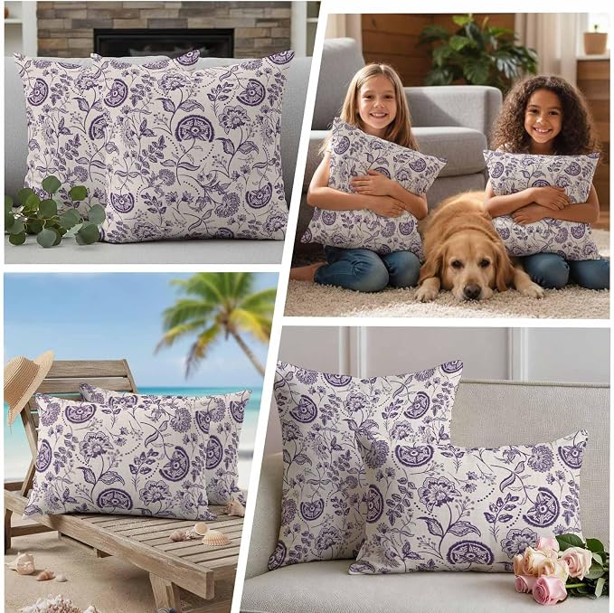 Outdoor Pillow Covers 18x18 Set of 2, Purple Spring Floral Waterproof Patio Throw Pillow Covers for Couch Sofa Chair, Summer Botanical Farmhouse Decorative Pillowcases for Throw Pillows