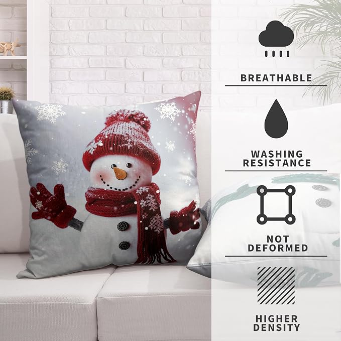 Christmas Green and Red Snowman Pillow Covers Winter Holiday Throw Pillow Covers 22x22 Cotton Linen Cushion Case for Bedroom Living Room Couch Pack of 2
