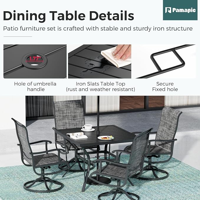 5-Piece Outdoor Dining Set, Patio Furniture Set with Textilene Swivel Chairs, Outdoor Table & 4 Chairs for Garden, Backyard, Poolside, Deck, Charcoal