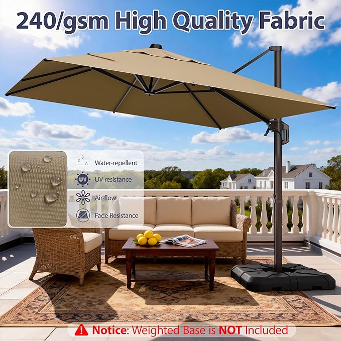 9' X 12' Cantilever Patio Umbrella Rectangle Outdoor Umbrella with Base Included, 6-Level Tilt & 360° Rotation Offset Umbrella for Garden, Deck, Pool (Brown)