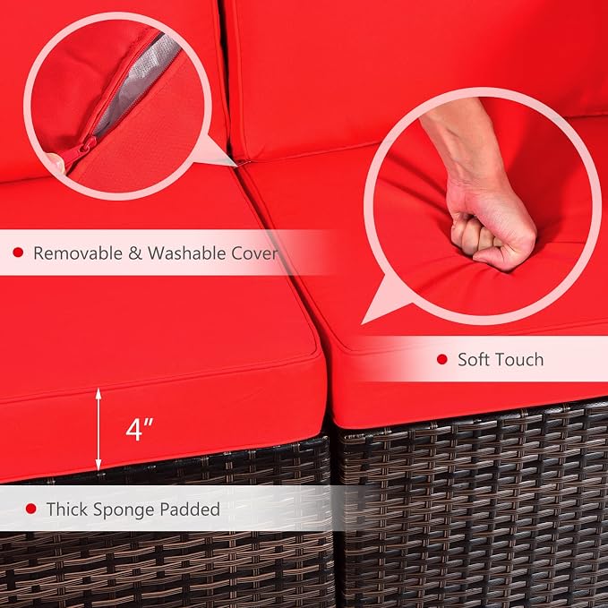 Tangkula 6 Pieces Patio Furniture Set, Outdoor Wicker Conversation Set with Glass Coffee Table, Wicker Sofa Set with Cushions, Rattan Sectional Conversation Set for Backyard Garden Poolside, Red