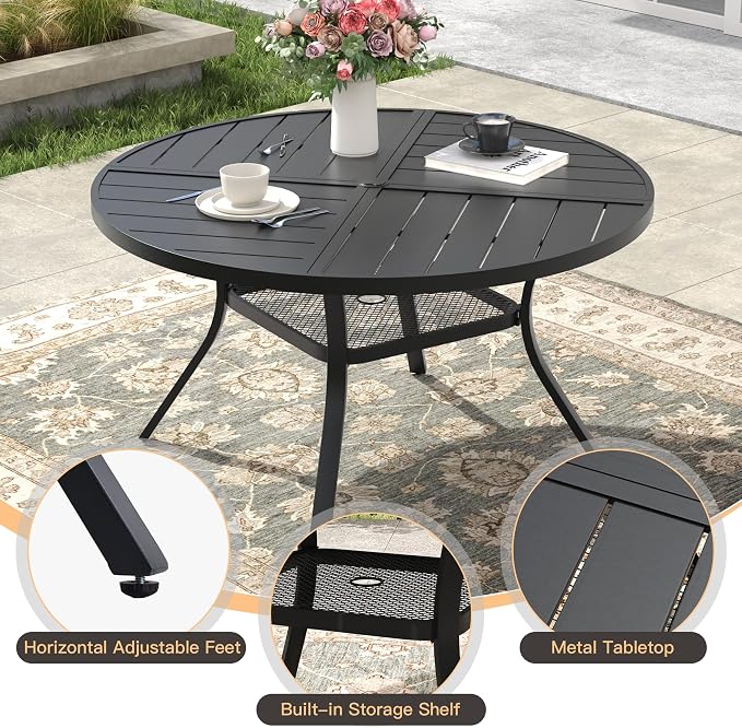 7 Pieces Outdoor Dining Set, 47.3" Spliced Patio Table with Umbrella Hole & Stackable Outdoor Dining Chairs, Patio Furniture Set for Deck Garden Porch, Black Chairs & Black Table