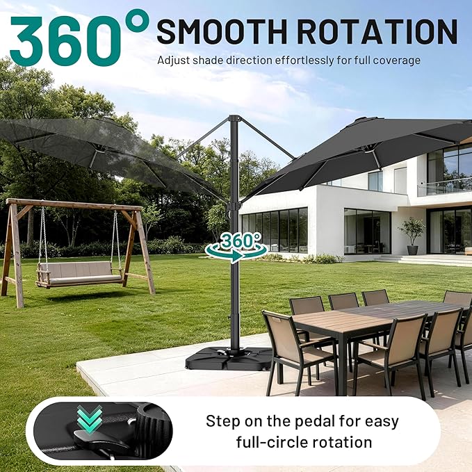 AreShark 10FT Round Cantilever Patio Umbrella with Base Included, 360° Rotation Offset Outdoor Umbrella, 5 Tilt Settings Heavy Duty Hanging Parasol for Deck Garden Pool, Grey