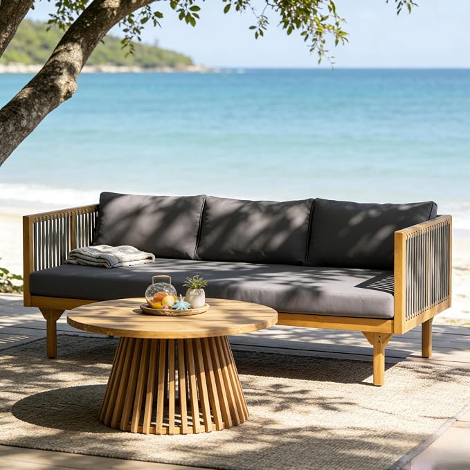 Christopher Knight Home Clarie Patio Sofa and Coffee Table Set, 2 Piece Outdoor Patio Furniture Set with Cushion, Acacia Wood 3 Seater Outdoor Sofa Daybed and Coffee Table Set, Dark Gray+Teak