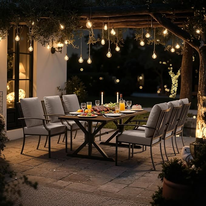 Kullavik 7 Pcs Outdoor Dining Set,Patio Dining Table and Chairs Set for 6,Fence Pattern Back Chairs with Thickened Cushions & X-Frame Metal Dining Table with Umbrella Hole for Patio,Sand