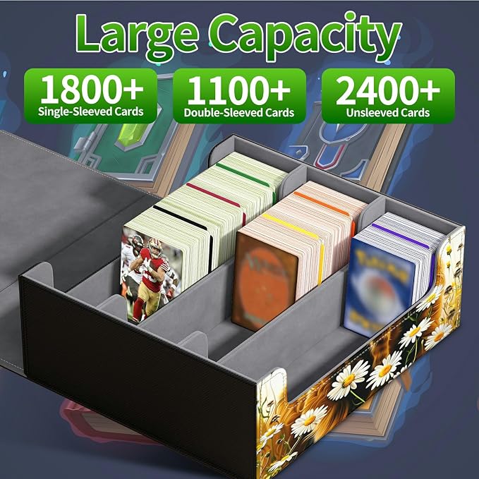 Card Deck Box for MTG, Cards Storage Box Fits 120+ Sleeved, Leather Big Size Strong Magnetic Closing Case for Board Games Magic TCG CCG Baseball Collection Women Man, Flower Yellow Cow