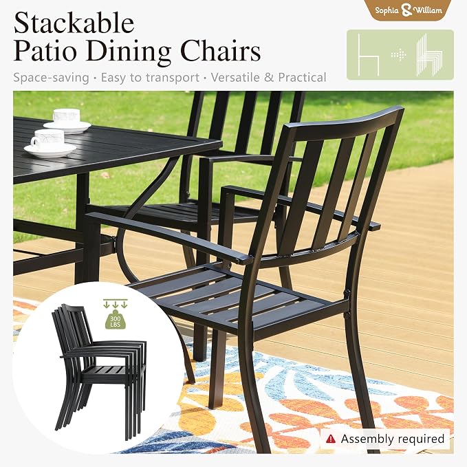 Sophia & William Patio Table and Chairs Set, Outdoor Dining Set for 6, 7 Piece Metal Patio Furniture, 60" Rectangular Table with Wood-Like Tabletop(Stripe)