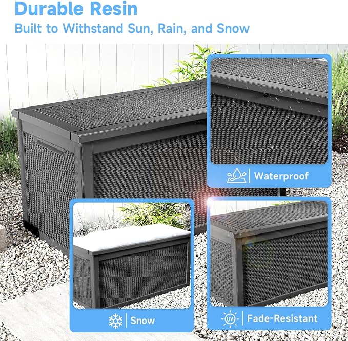 310 Gallon Lockable Outdoor Storage Box – Waterproof Resin Deck Box for Patio Furniture, Garden Tools, Pool Accessories (Black)