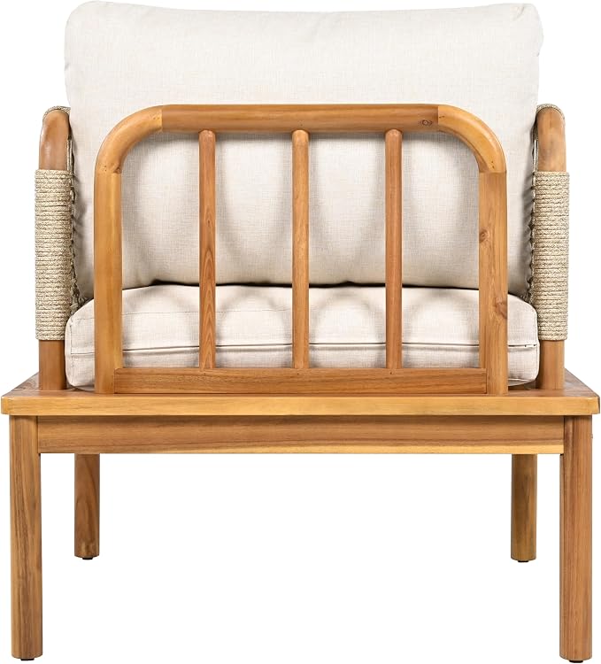 JIVOIT Outdoor Armchair, Acacia Wood and Rope Club Chair with Cushions, Mid Century Design Comfortable Single Armchair for Backyard Porch Garden Balcony
