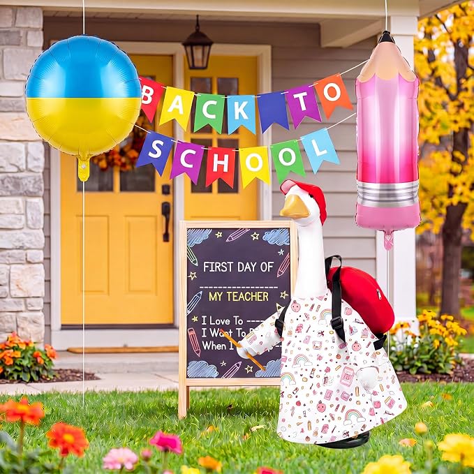 Back to School Porch Goose Outfit with Red Cap, Backpack and Pencil for 23" Gooses Statue, First Day of School Lawn Decor, Cute Rainbow Goose Costume for Patio Yard Garden Outdoor