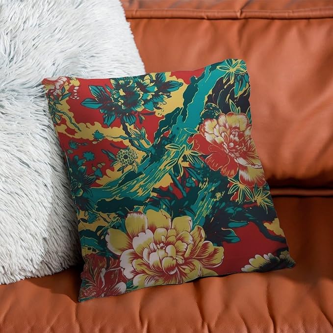Animal Tiger Stripe Colorful Chinoiserie Throw Pillow Covers Peony Flower Asian Pillowcase 16x16 INRetro Accent Modern Decorative Pillow Covers for Patio Garden Sofa Chairs