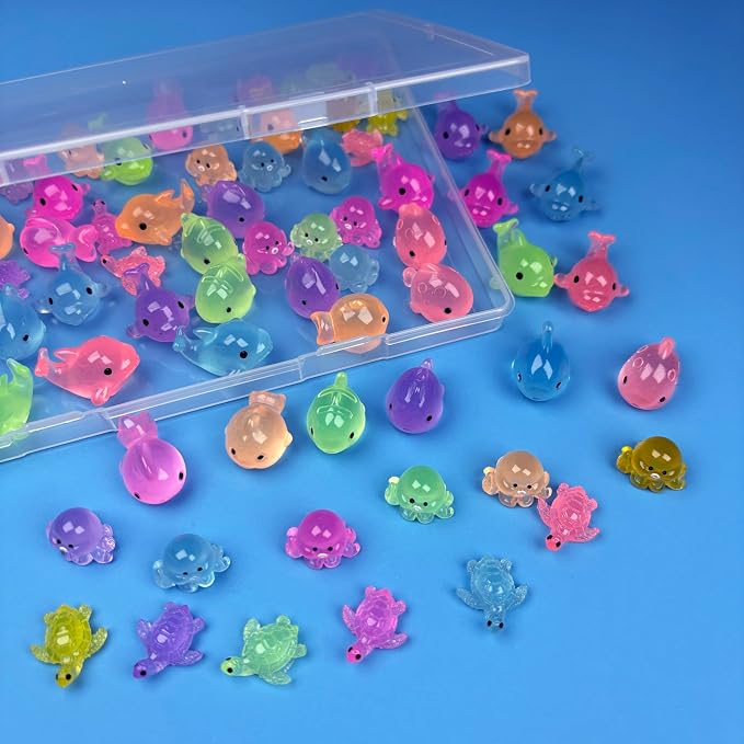 Mini Resin Ocean Animals to Hide 72 PCS Luminous Tiny Miniature Figurines Bulk Glow in The Dark Include Little Octopus Small Turtle Dolphin Fish for Aquarium Garden Micro Landscape