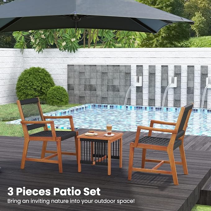 HAPPYGRILL 3 Pieces Acacia Wood Bistro Set, Patio Conversation Set Rope Woven Chair & Table Set for Backyard Porch Garden Poolside