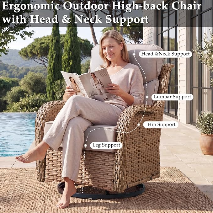 Luxury Patio Furniture Set with 42.5" Fire Pit Table, 6 Pieces High Back All Weather Wicker Outdoor Furniture w/ 6-Inch Thick Cushions, Patio Swivel Chairs Couch for Deck Balcony Backyard Yellow/Beige