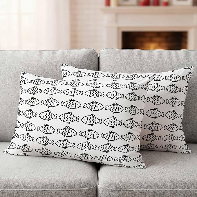 Summer Funny Animals Outdoor Waterproof Throw Pillow Covers Set of 2, 20"x12", Abstract Oceans Black Line Fish Texture Decorative Pillow Covers Outside Cushion Case for Patio Porch Garden
