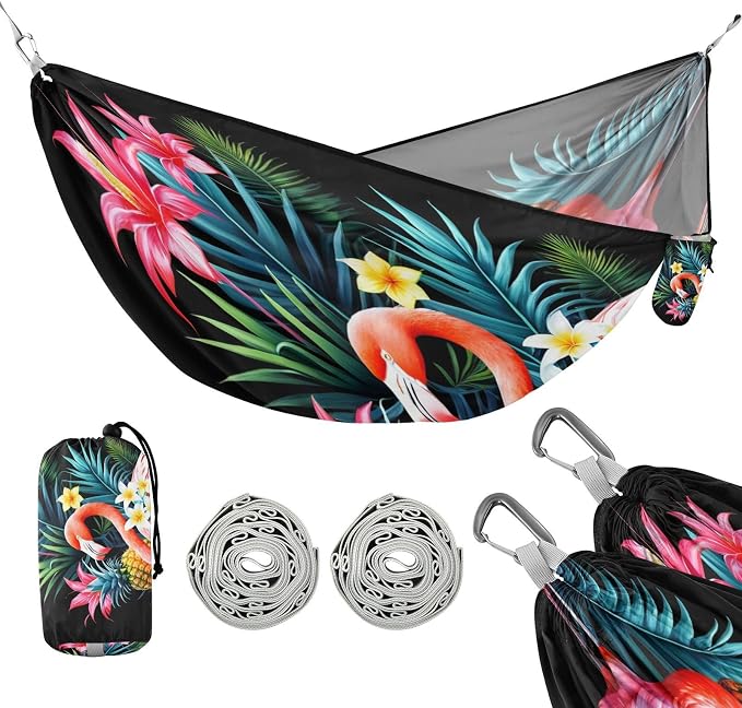 FRMG Flamingo Tropical Flowers Camping Hammock 500 lbs Capacity Portable Hammocks with Tree Straps & Attached Carry Bag, Camping Essentials Gear A0900560a