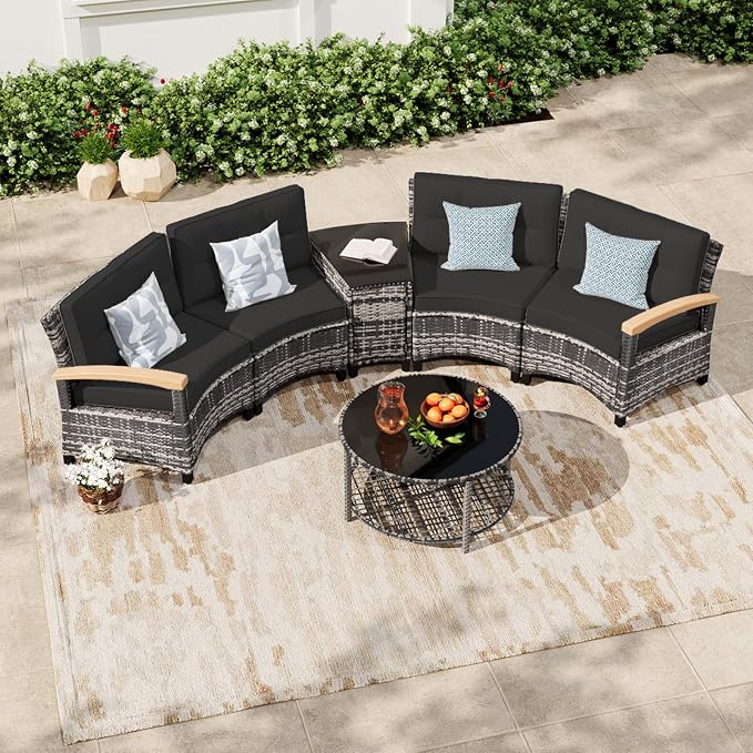 MEISSALIVVE 6-Piece Half-Moon Curved Outdoor Patio Furniture Set, Sectional Conversation Sofa with Wood Armrests, Coffee & Side Tables for Backyard Deck Garden, Black