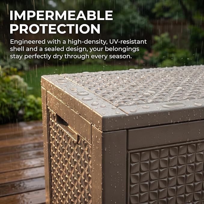 102 Gallon Outdoor Storage Box, Resin Deck Box Waterproof & Lockable, Patio Cushion Storage Bench for Garden, Pool, Furniture & Tools, UV Resistant Heavy Duty, Gray Brown