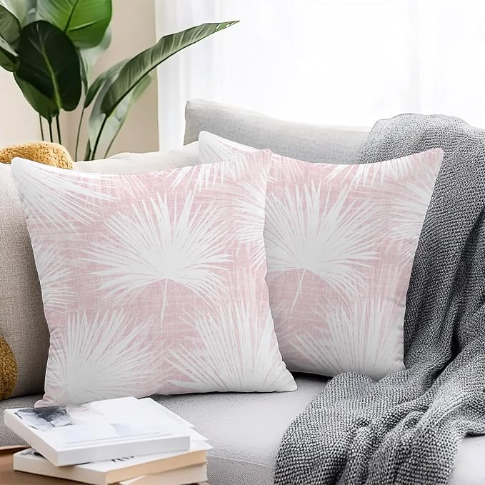 Throw Pillow Covers 26x26 Inch Set of 2, Pink Palm Leaves Coastal Waterproof Outdoor Pillow Covers, Summer Tropical Botanical Boho Decorative Cushion Pillowcases for Couch, Sofa, Bed, Garden, Patio