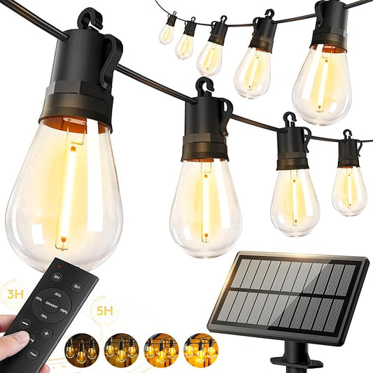 50ft Solar Powered Lights Outdoor - Waterproof String Light Outside Patio | Yard Garden Fence Backyard Deck Porch Balcony Patios Camping Battery Operated Lighting Hanging with LED Edison Bulbs S14
