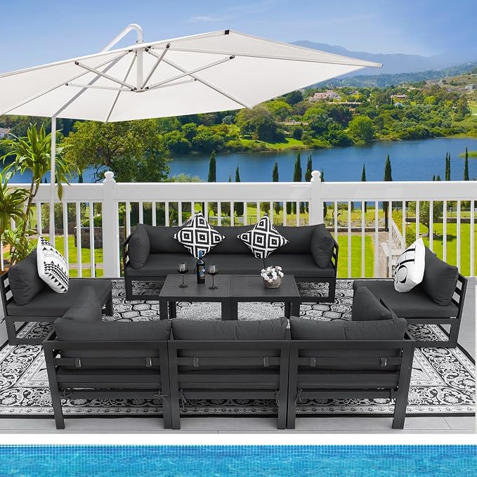 RADIATA 10 Piece Modern Aluminum Outdoor Patio Furniture Set, 29" Wide Deep Seating, Fade Water Resistant U Shaped Modular Sectional Couch, Large Comfy Conversation Set for Backyard Garden, Dark Gray