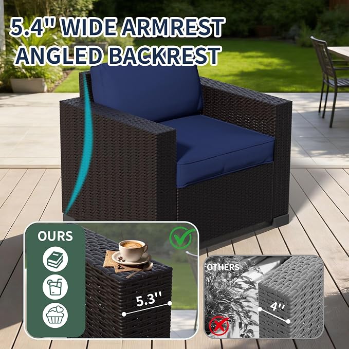 7 Piece Patio Furniture Set, Slanted Back Outdoor Sectional Sofa, Patio Conversation Sets with Cushion and Glass Table, Patio Sofa Furniture for Garden, Deck, Dark Brown Rattan & Dark Blue Cushions