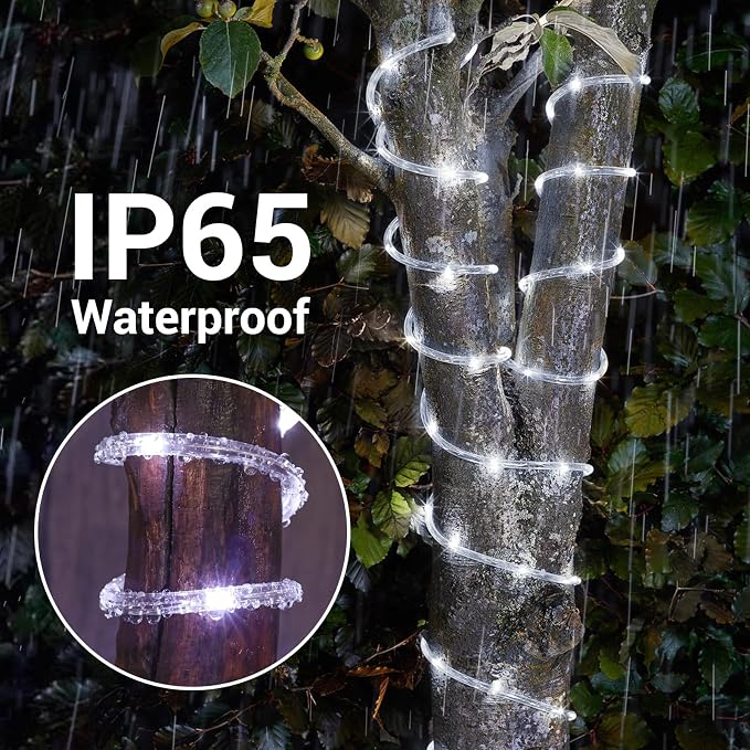 Jnaurb Solar Rope Lights, 66ft 200LED Solar String Lights, 8 Modes Waterproof Solar Outdoor Light, Flexible Clear Trampoline Light for Garden Backyard Patio Deck Porch Pool Tree Decor - White