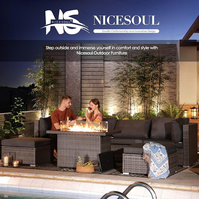 NICESOUL 15 Piece Outdoor Patio Furniture Set with Fire Pit, Extra Large Wide Outdoor Deep Seated Sectional, Cozy 29.3'' High-Back Modular Couch, 500 Lbs High Weight Capacity Wicker Sofa, Dark Gray