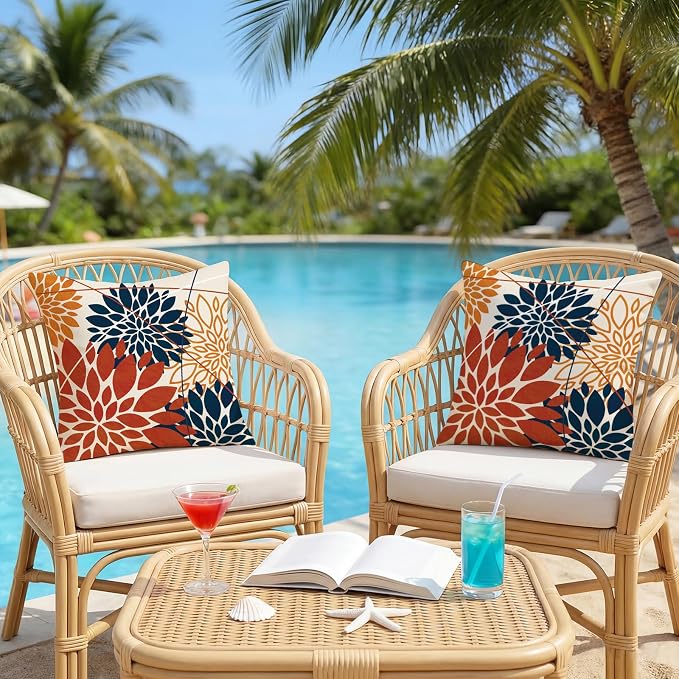 OTOSTAR Outdoor Orange Dark Blue Pillow Covers 20x20 Inch Set of 2 Flower Throw Pillows Farmhouse Geometric Dahlia Floral Square Cushion Case Waterproof Decor for Sofa Patio Funiture Garden