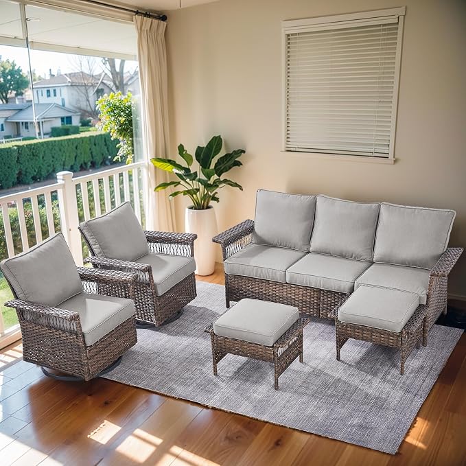 Patio Furniture Set 2 Wicker Swivel Glider Chairs 2 PE Rattan Ottomans with Patio PE Rattan Sofa Brown Wicker Grey Cushions Patio Conversation Set 5pcs for Garden Balcony Backyard